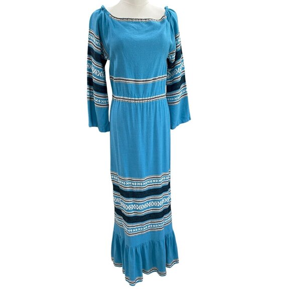 Greek Bohemian Cottagecore Blue Maxi Dress Ethnic Embroidered Prairie Festival - Picture 6 of 14